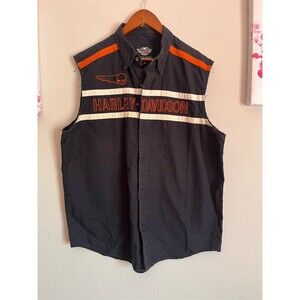 Harley-Davidson Mens Sleeveless Button-Up Shirt XL Black Orange Skull Wing